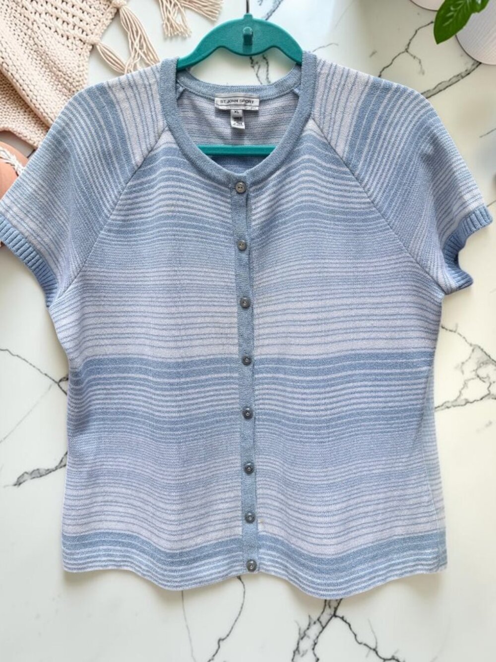 St. John Sport Santana Knit Striped Cardigan Top Women's Size XL Short Sleeves